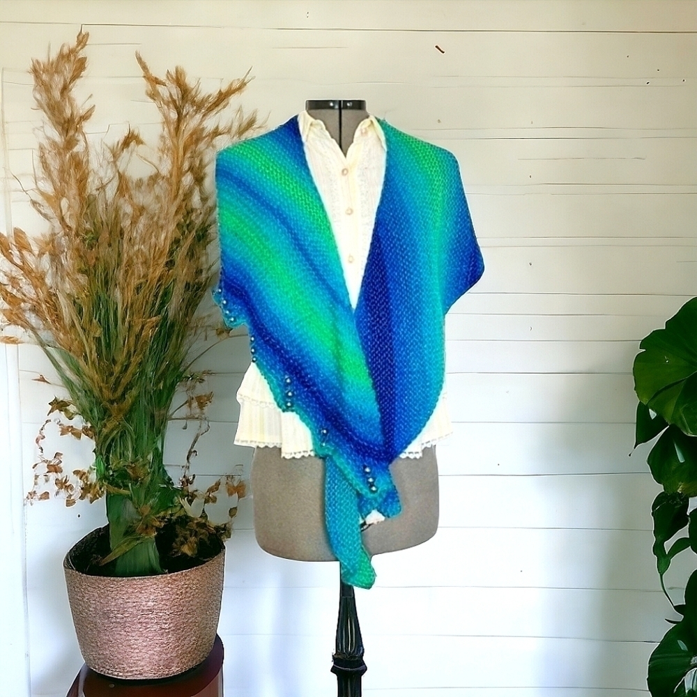 Hand Knit Shawlette/Cowl with Faux Pearl Beads In Shades Of Blues And Teals